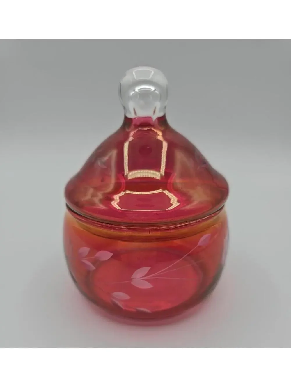 Vintage Cranberry Pink Art Glass Covered Trinket Jar Etched Floral Candy Dish
